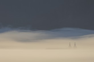 Foggy mood, fog, morning light, backlight, autumn, church towers, Loisach-Lake Kochel-Moor,