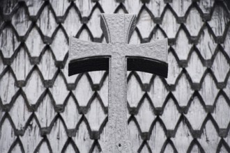 Detail, wooden cross, stave church at Skansinn, Eldfell lava field, harbour, Heimaey Island,