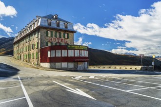 View of Hotel Belvedere at road to pass Furkapass, Kanton Wallis, Swiss Alps, Switzerland, Europe