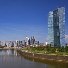 ECB European Central Bank with the river Main and the skyline of Frankfurt am Main, Hesse, Germany,