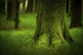 Moss-covered tree in forest meadow, Eppishausen, Unterallgäu, Bavaria, Germany, Europe