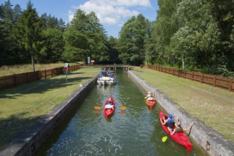 People in kayaks and a boat travelling through a narrow canal in the countryside under a blue sky,