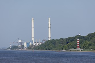 Lighthouse Rissen, rear light, front light, Rissener Ufer, Hamburg, behind it thermal power station