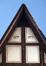 Half-timbered house, detail with the year of construction 1579 and 1977, Old Town, Bacharach, Upper