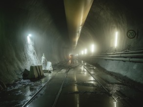 Ventilation hoses and rails in construction lot H53, Brenner Base Tunnel, Tyrol, Austria, Europe