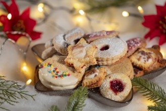 Christmas biscuits with red poinsettias and green twigs