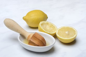 Lemons and lemon squeezer, squeezed lemon and lemon juice