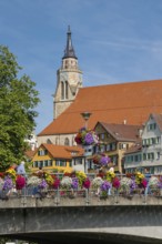 Eberhardsbrücke, Neckarbrücke, floral decoration, Stiftskirche zu St. Georg, Protestant parish