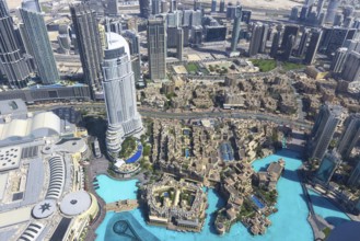 UAE, Dubai panoramic skyline view from Burj Khalifa of city downtown and Dubai Mall.