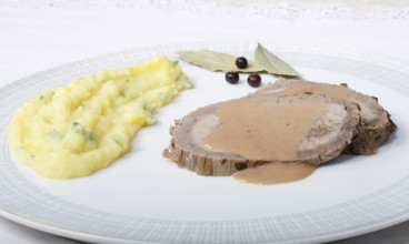 German cuisine, Sauerbraten with mashed potatoes, rocket mashed potatoes, meat dish, beef, braised