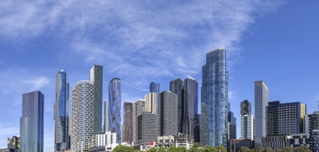 Australia scenic Melbourne downtown skyline panorama and financial business center.