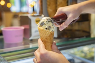 Vanilla ice cream with chocolate pieces is filled into a waffle with an ice cream scoop, autumn