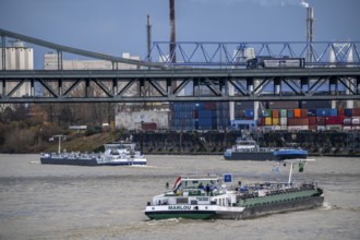 Cargo ships, Krefeld-Uerdingen bridge over the Rhine, near Krefeld-Ürdingen, North