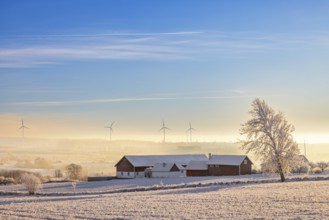 Farm with red barns in the countryside on a cold winter day with wind turbines on the horizon