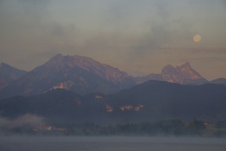 Morning atmosphere at full moon, Hopfensee, near Fuessen, Ostallgaeu, Allgaeu, Upper Swabia,