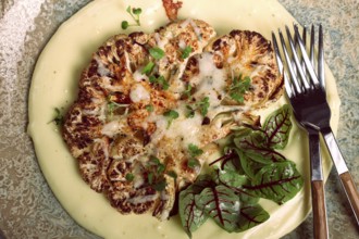 Cauliflower steak, with mashed potatoes, spices and herbs, homemade, no people