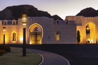 Illuminated side wing of the Sultan's Palace at dawn, Muscat, Arabian Peninsula, Sultanate of Oman