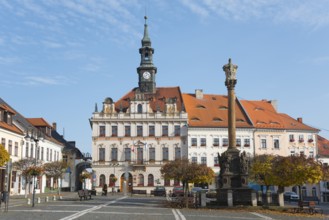 Town hall with clock tower on the market square in baroque style in sunny weather, Town hall and