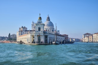 View from the water on church 'Basilica di Santa Maria della Salute' and 'Canal Grande' in Venice