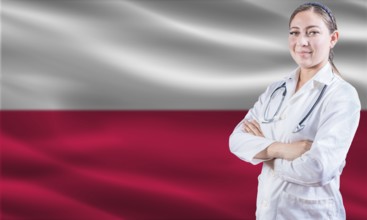 Female doctor on Poland flag. Doctor with crossed arms on Poland flag. Poland Health and Care