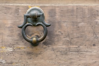 Door knocker on an old wooden gate, Galatina, Apulia, Italy, Europe