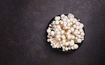 Fresh white shimeji mushrooms, on a black plate, no people.