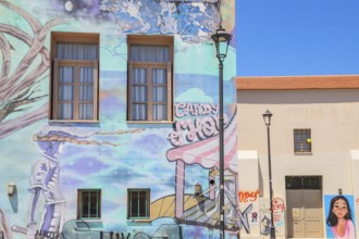 Old house painted with murals, Petychakis square, Rethymno, Crete, Greek Islands, Greece, Europe