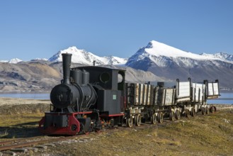 Steam train engine, railway locomotive for transporting coal at former mining town Ny-Alesund,