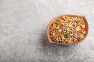 Buckwheat porridge with vegetables in clay bowl on a gray concrete background. Side view, copy