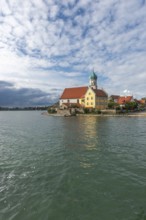 Moated castle, Lake Constance, parish church of St. George, onion dome, water reflection, Bavaria,