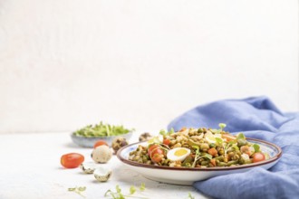 Mung bean porridge with quail eggs, tomatoes and microgreen sprouts on a white concrete background