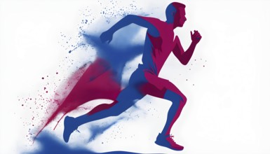 Running athlete illustration as a minimalist silhouette in motion, with dynamic curves and abstract