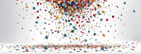 Abstract New Years Eve confetti explosion, with minimalist colored squares and circles falling