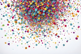 Abstract New Years Eve confetti explosion, with minimalist colored squares and circles falling