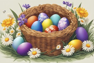 Illustration of of vibrant colored Easter eggs in a wicker basket, surrounded by delicate spring