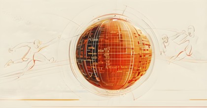 Illustration of an abstract, vibrant orange colored rotating digital sphere with patterns