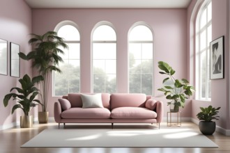 Minimalist living room with clean lines and neutral tones, featuring a modern pink colored sofa, AI