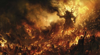 A fiery, dark scene of hell and eternal burning fire that punishes suffering sinners, AI generated