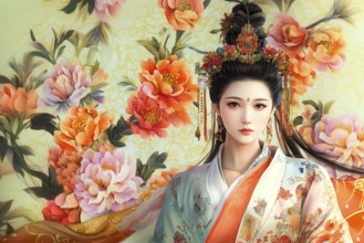 Beautiful Asian woman in front of a chimeric flower tapestry, AI generated