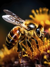 Macro shot of a honeybee (Apis mellifera) collecting pollen, highlighting the fine details of its