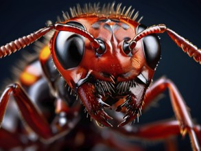 Extreme close-up of a red ant (Formica rufa), focusing on its sharp mandibles, textured