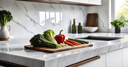 Minimalist kitchen with sleek, white cabinetry and a marble countertop, featuring a single wooden