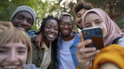 Diverse group of young smiling happy people taking selfie. Black, Asian and Caucasian friends, AI