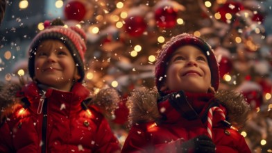 Warmly dressed happy children outside in the evening enjoying the christmas decorations in their