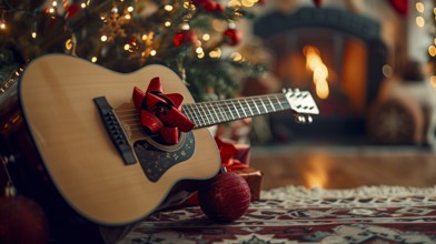 Brand new guitar christmas gift with a red bow under the tree. generative AI., AI generated