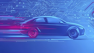 Sport car silhouette with vibrant blue and magenta dynamic lines showing motion, surrounded by data