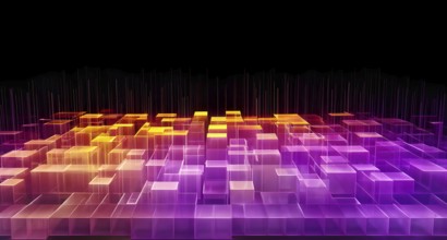 Layers of translucent squares moving in a synchronized flow, resembling dynamic data visualization,