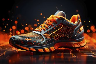 Running shoe, breaking into pixels and data points, morphing into a network of neural nodes,