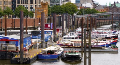 Ships, sailors and launches in Hamburg harbour at the Speicherstadt, Hamburg, Germany, Europe