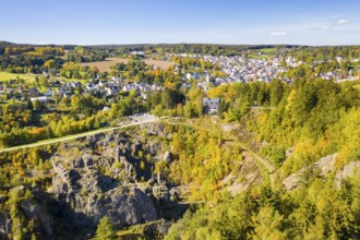 Aerial view of the Binge with hat house and town view of Geyer in autumn, Erzgebirge, Saxony,